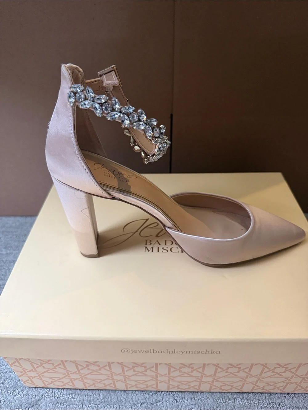 Jewel Badgley Mischka Blush Pink Satin Crystal-Ankle Heels 4 inch